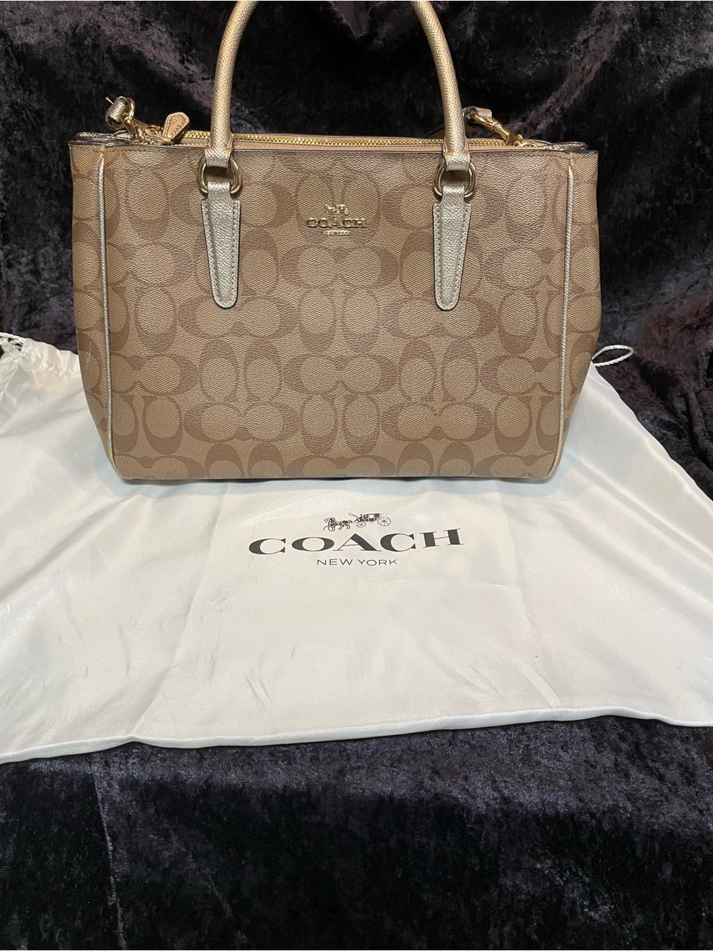 Coach Tan Signature Satchel with Gold Accents